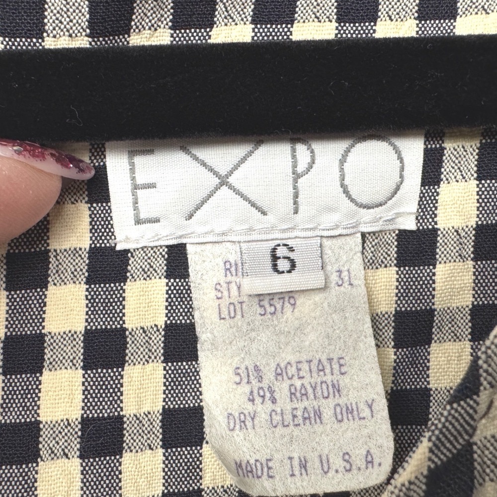 Vintage EXPO Gingham Maxi Dress Black Cream Short Sleeve Size 6 cottagecore - Picture 3 of 7